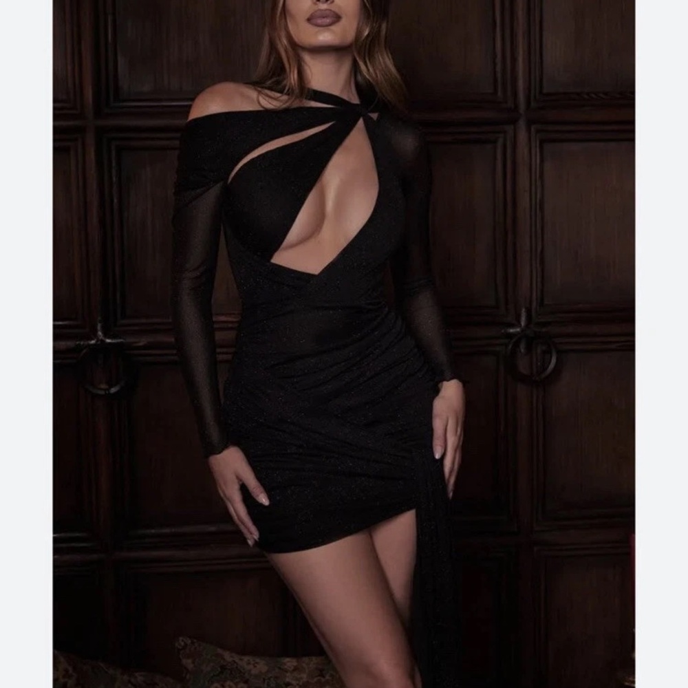 House of CB SANTA Black Glitter Cutout Mini Dress size S - Picture 6 of 12